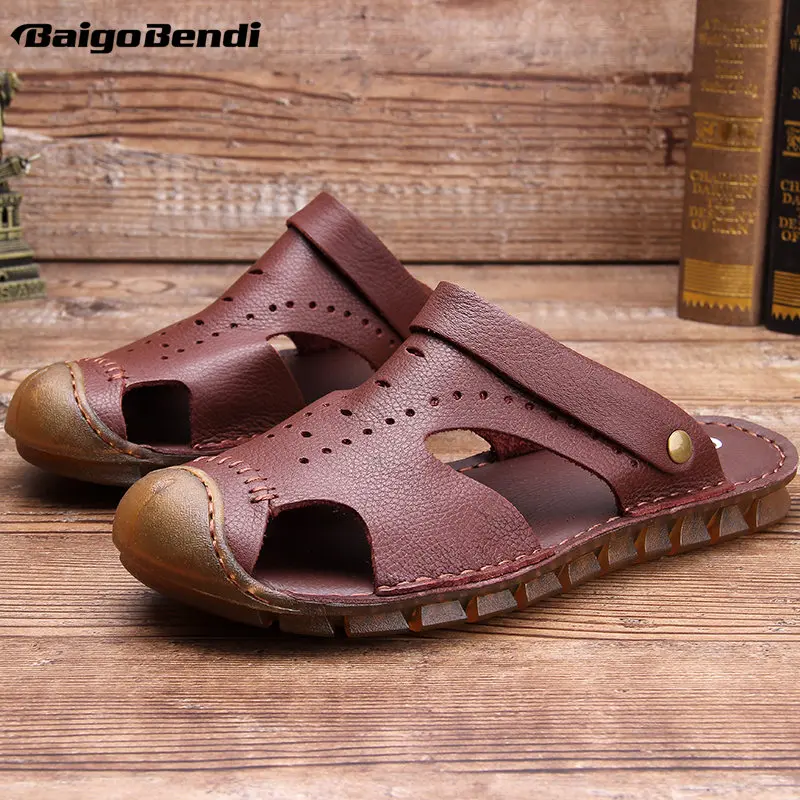 

US 6 7 8 9 10 Men Full Grain Leather Casual Close Toe Slippers Hollow Out Business Man Slides Summer Beach Shoes
