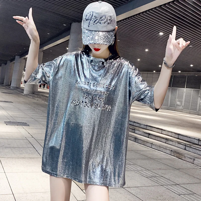 

#4260 Shinny Sliver T Shirt Women Loose Streetwear Harajuku Hip Hop Short Sleeve T Shirt Femme Fashion Punk Rock Letters Printed
