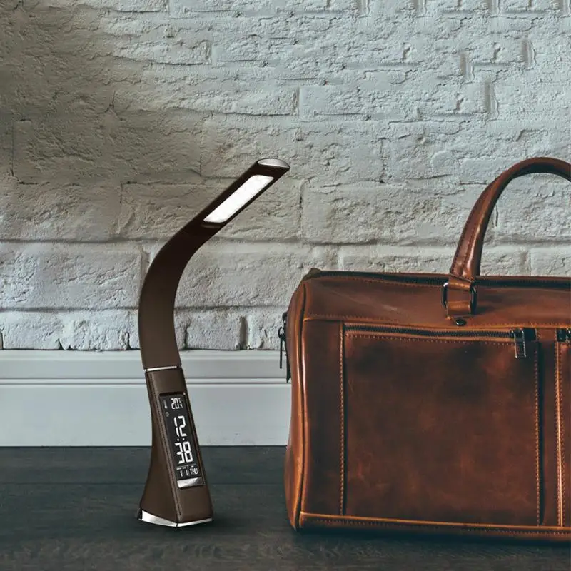 Leather Texture Alarm Clock Calendar Touch Control LCD Display Table Desk Lamp