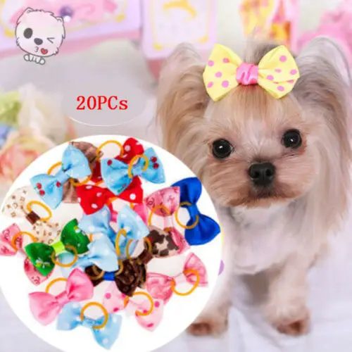 

20Pc Mixed Hair Bows Rubber Bands For Small Dog Cat Grooming Bowknot Accessory