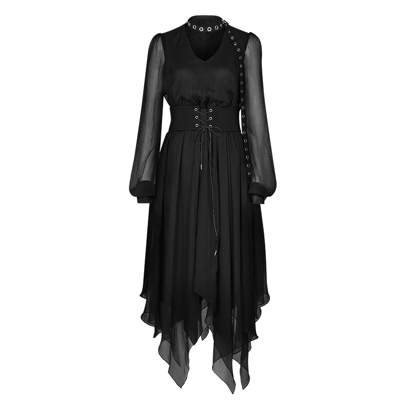 Панковское Rave женское готическое асимметричное шифоновое платье с высокой талией PQ492LQ