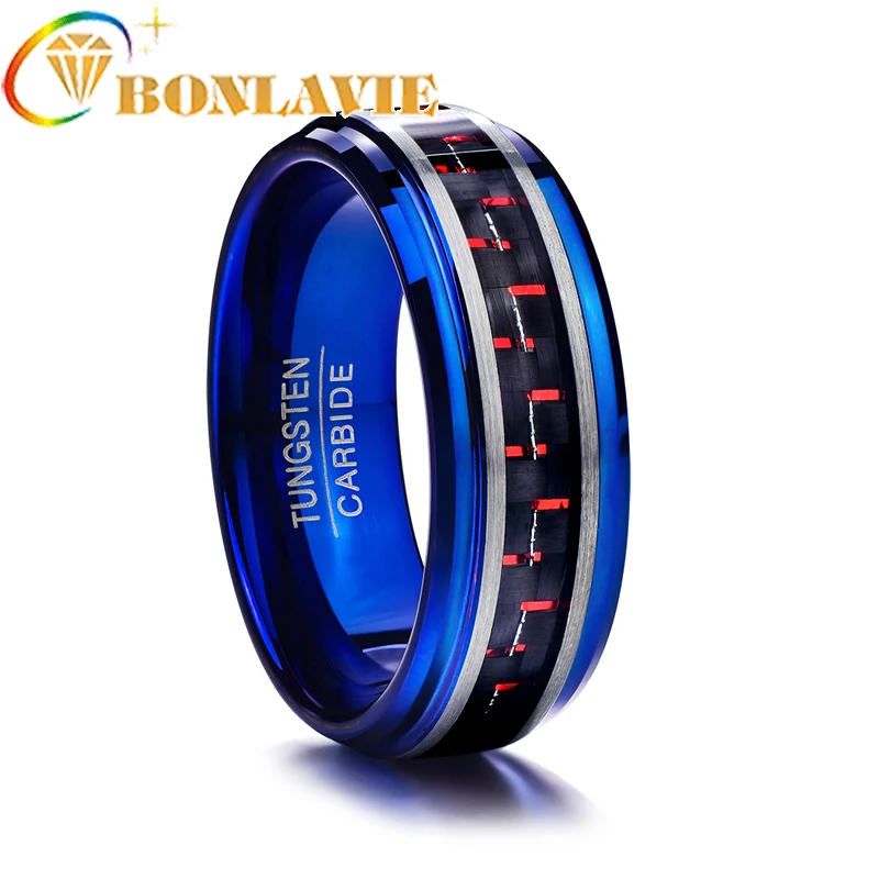 

New Wedding Bands Engagement Ring For Woman Man 8MM Inlaid Red Carbon Fiber Blue Tungsten Steel Ring Free Shipping US Size 7-12