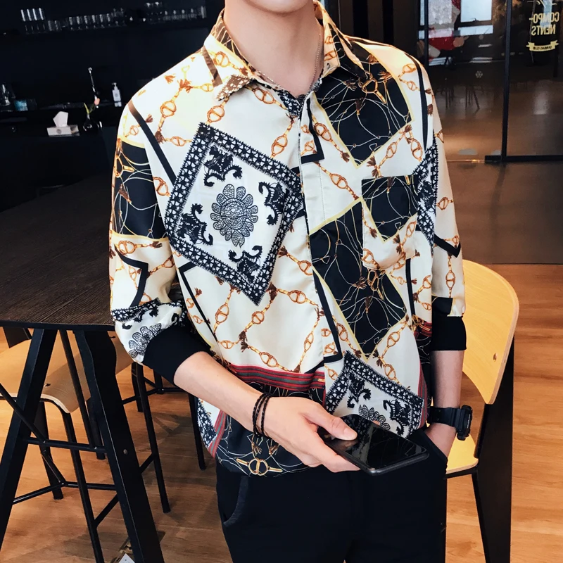 Повседневная Новая приталенная рубашка смокинг с принтом для мужчин Camisa Masculina