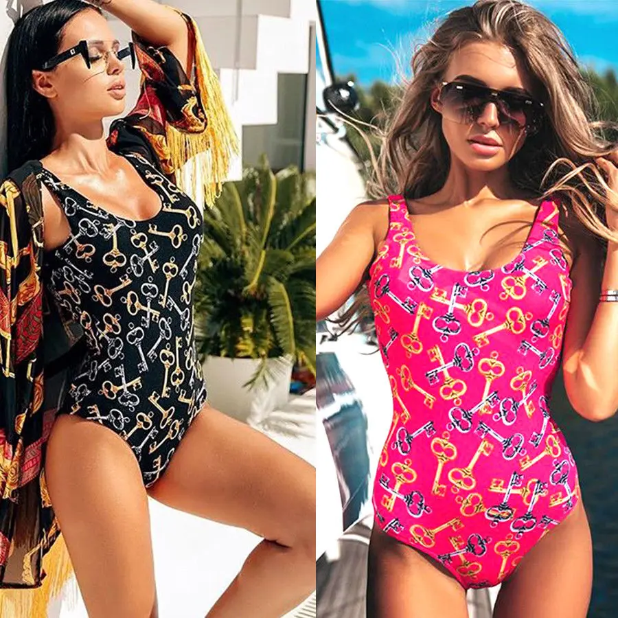 

Women Push-up Padded Bra One Piece Bikini Key Print Swimsuit Triangle Monokini Swimwear Bathing Suit Swimming Suit