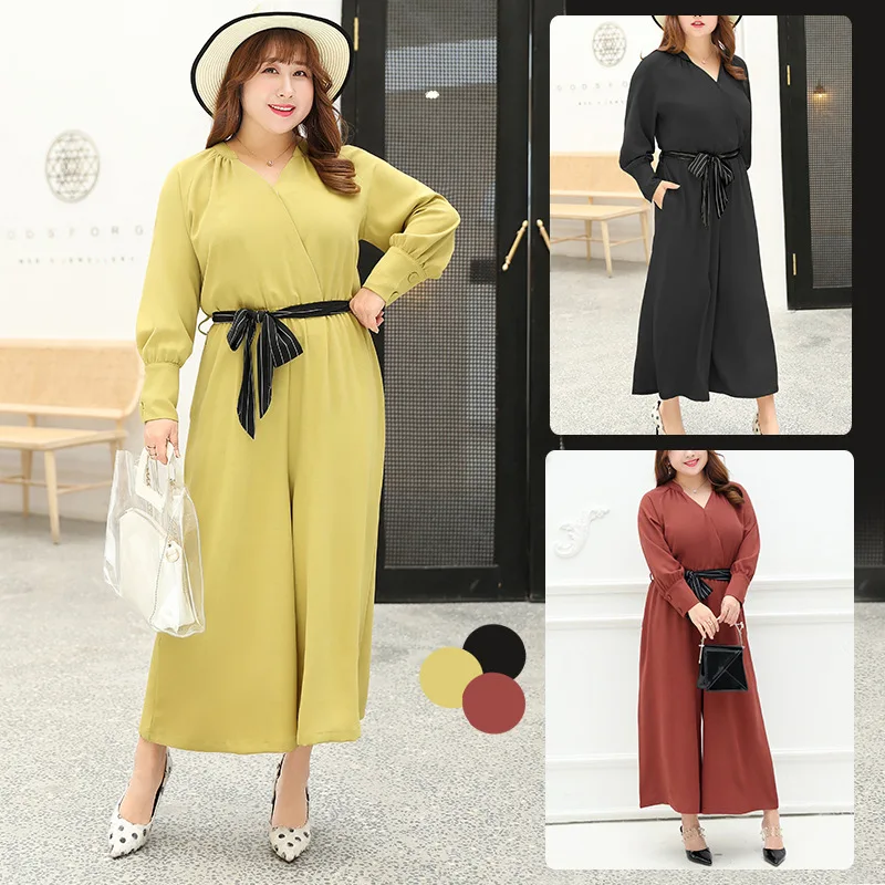 

XL-4XL big size wide leg jumpsuit women casual elegant rompers women jumpsuit office ladies with belt overalls plus size clothes