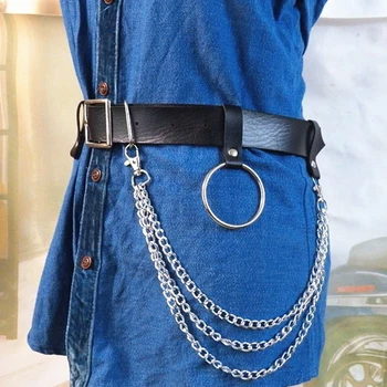 

Punk Belts Woman Chain Metal Ring Decoration Harajuku Belt Black Gothic Girls PU Leather
