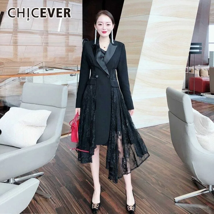 

CHICEVER Summer Formal Balck Blazer Patchwork Asymmetrical Lace Hem Dress For Women Notched Long Sleeve Button Mid Calf Dresses