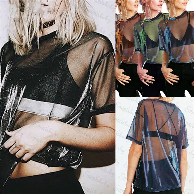 

Women Short Sleeve Blouse Tops Ladies See Through Sheer Mesh Fishnet Sexy Shirt Tops