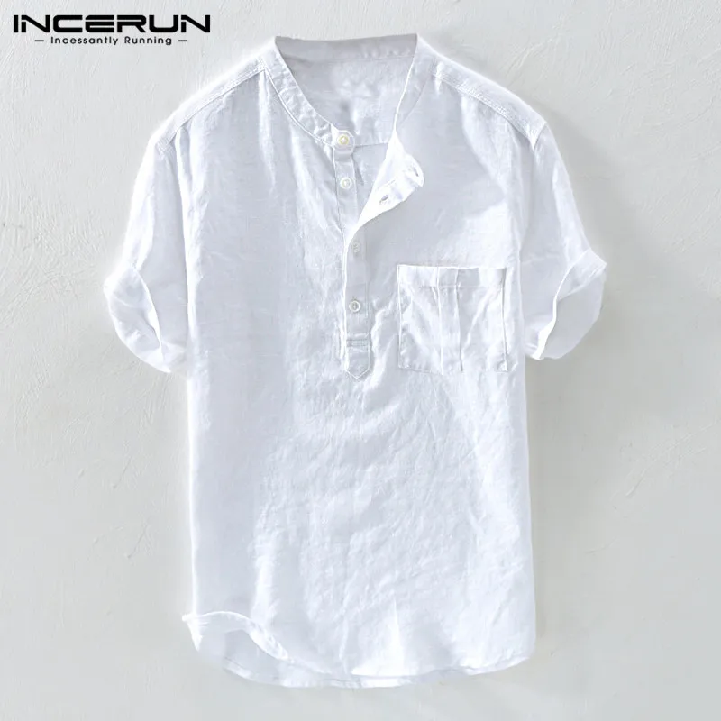 INCERUN винтажные мужские рубашки подставка с воротником однотонные свободные топы с короткими рукавами хлопковые повседневные рубашки мужские Camisa Harajuku