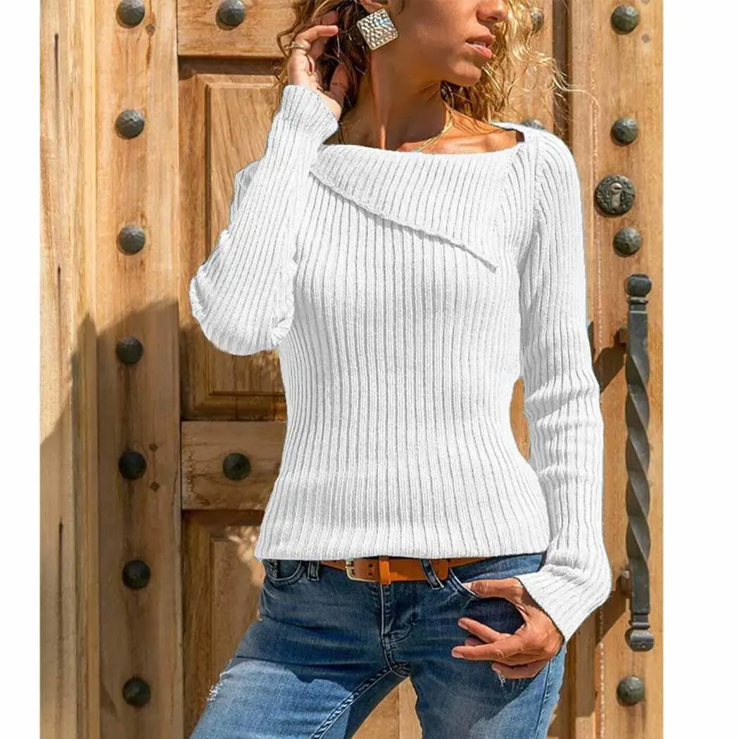 

New Fashion Women Irregular Neck Long Sleeve Slim, Bodycon, Solid Pullover None Sweater Casual Regualr