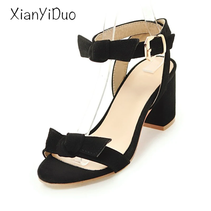 

2019 new Summer Women's shoes open toe high Heels block Cover Buckle sandals Butterfly-knot party fashion Gray plus size40-43/F6
