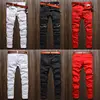 Pantalones ajustados de motorista para hombre, Vaqueros rasgados desgastados con cremallera en la rodilla, rojo y blanco ► Foto 2/5