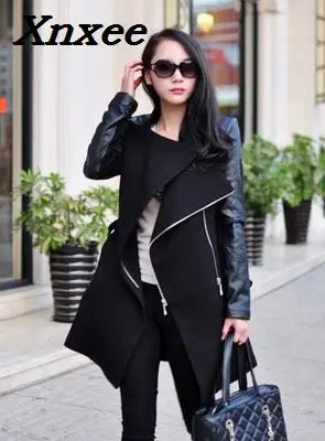 Europe women autumn winter fashion woolen coat slim warm long outerwear spliced PU leather sleeve windbreaker female trench coat 2021 women coat outerwear spring clothing fashion warm woolen blends female x long elegant double breasted woolen coat solid