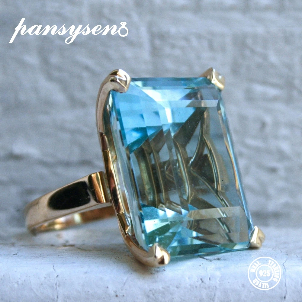 

PANSYSEN Gold Color Vintage Aquamarine Rings for Women 20x25mm Big Gemstone Silver 925 Jewelry Finger Ring Luxury Party Gifts