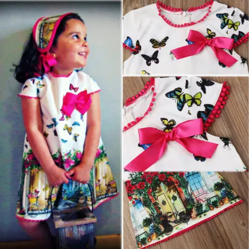 

2019 Toddler Newborn Kids Baby Girls Butterfly Print Short Sleeve Dress Infant Party A-Line Dress Cute clothes 1-6Y