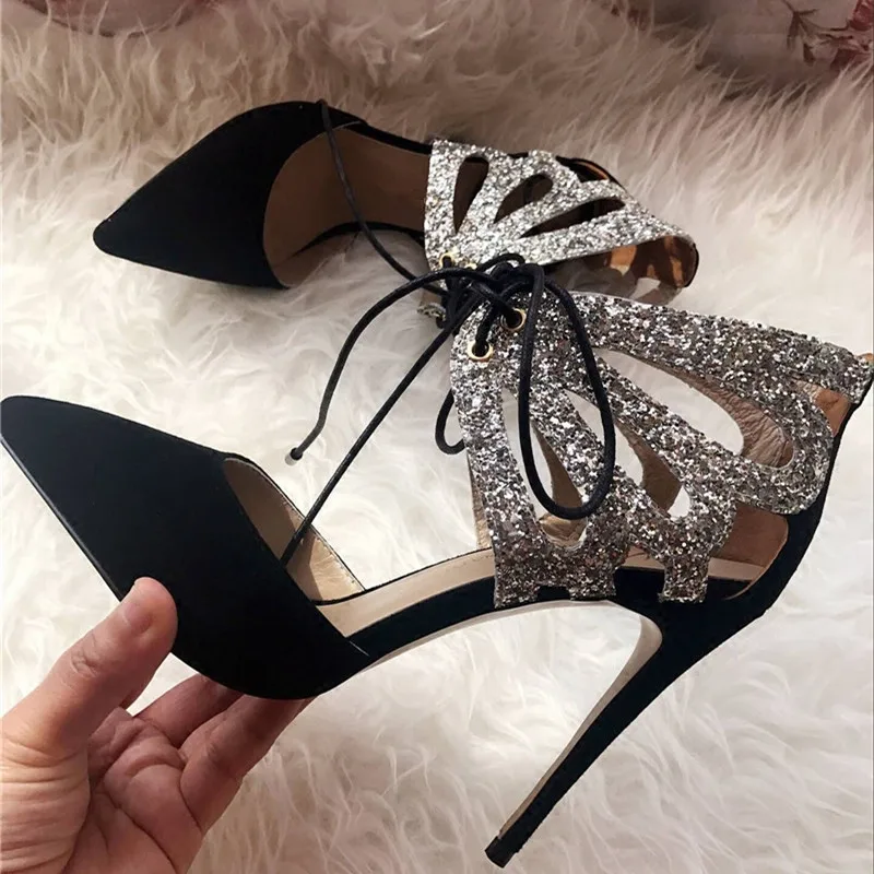 

2018 Hot Summer Shoes Woman Sandals Leather Super High Thin Heels Pointed Toes Butterfly Bling Sandals Party Sexy Shoes Woman