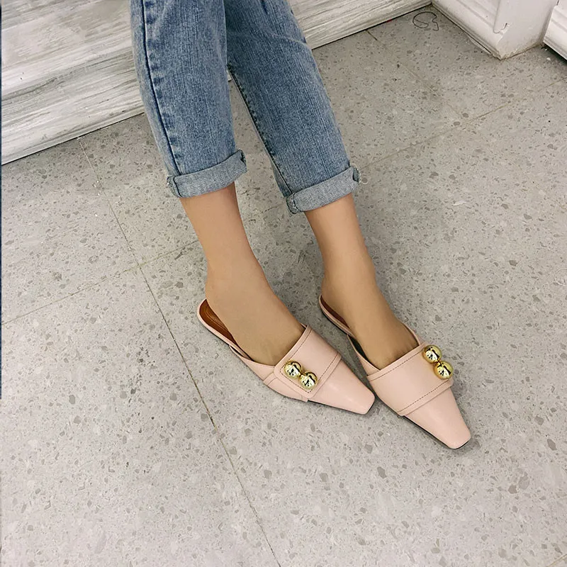 Metall Weiche Tasten 19ss Casual Frau Maultiere Pic Sildes Faul Dekoration Außerhalb Karree Gold Hausschuhe Schuhe As Flache Pic Sexy Damen Halb as g55fqPw