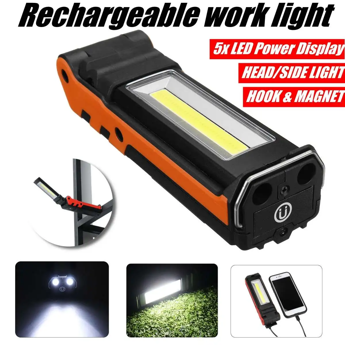 USB Rechargeable COB LED Work Light Dimmable Flashlight