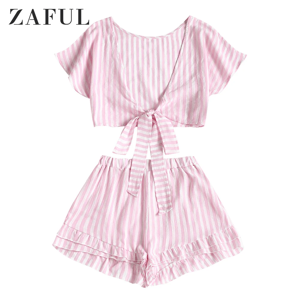

ZAFUL Stripes Bowknot Cropped Top and Tiered Hem Shorts Set Bikinis Set Women Swimsuit 2019