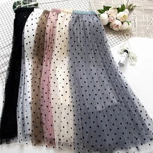 Новинка, юбки для женщин, Tule Rok Dames, высокая талия, в горошек, с принтом, сетчатая юбка-пачка со складками, юбка миди, Falda Tul Mujer