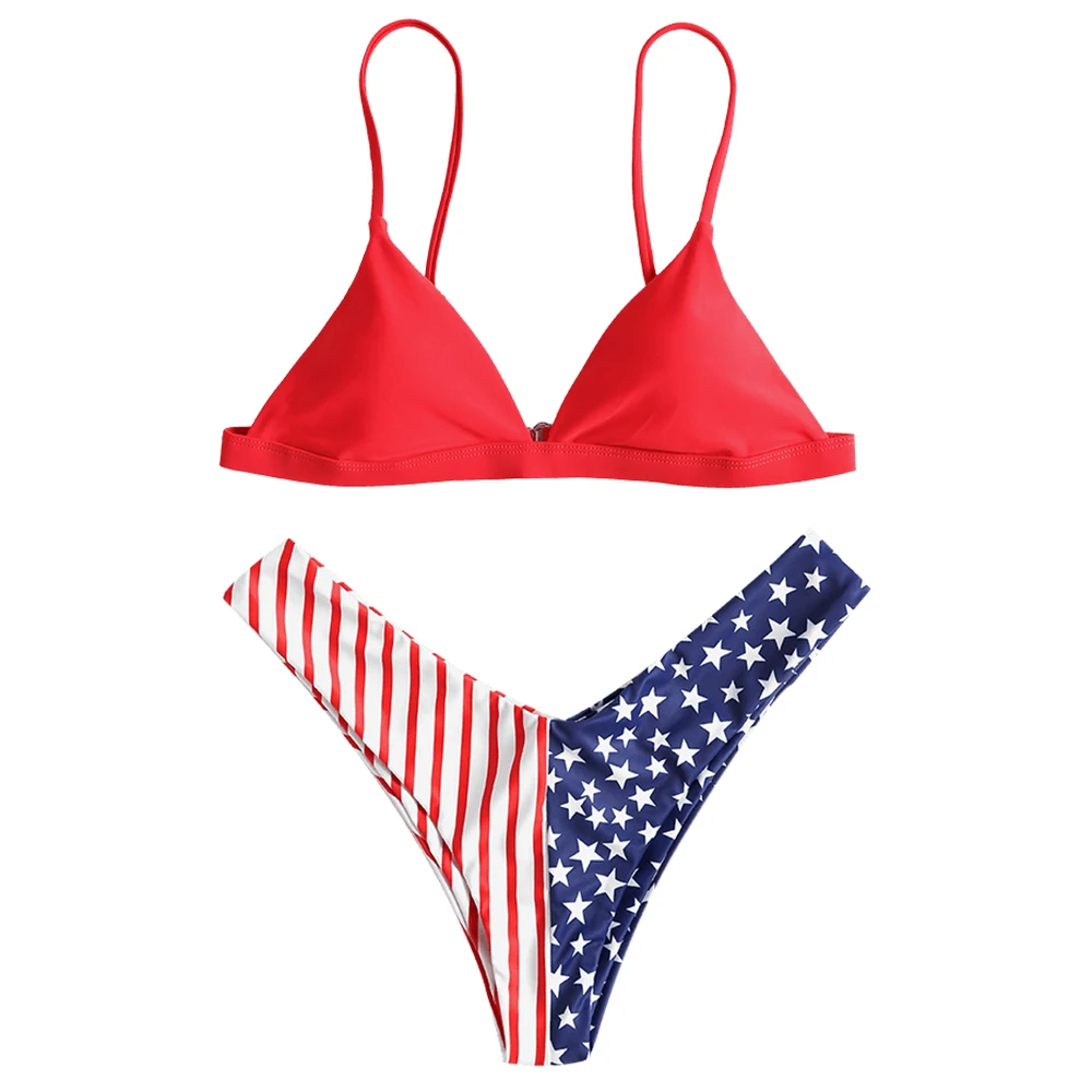 

Belleziva American Flag Cheeky Bikini Set Padded Triangle Thong High Cut Beach Wear Bathing Suit Women Swimsuit Swimwear Suits