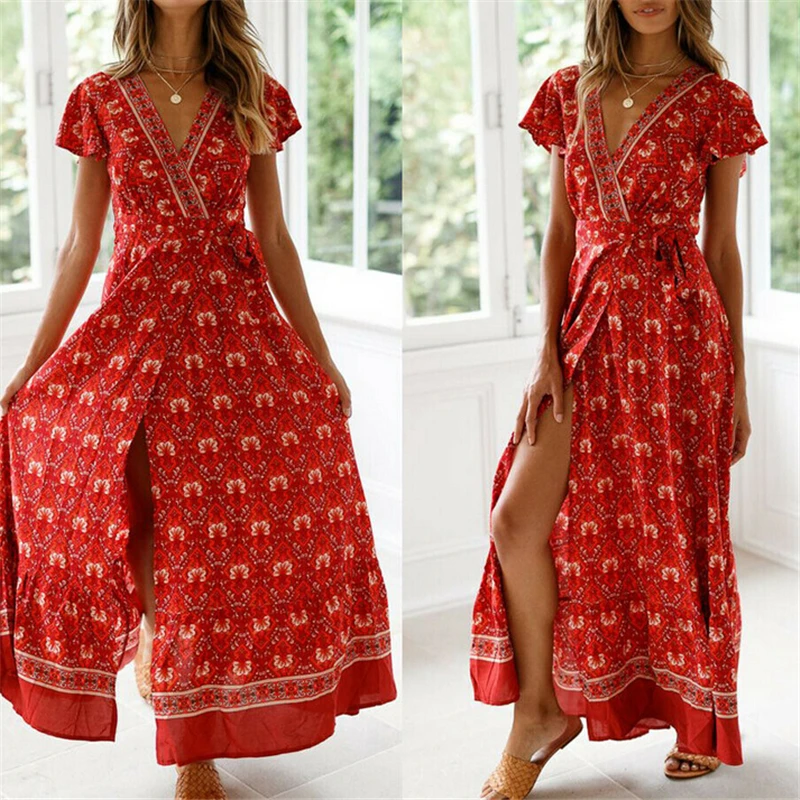 

Elegant Dress Women Maxi Long Bohemian Dress Sexy V Neck Evening Party Clothes Sundress Beach Ladies Dresses Sexy Womens Dresses