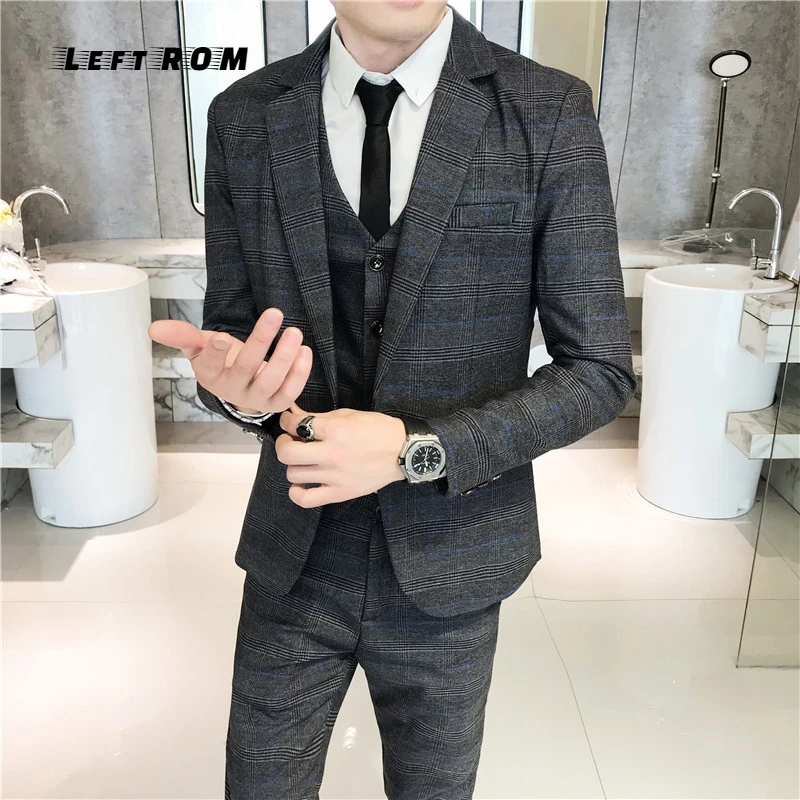 (Jacket+Vest+Pants) Plaid Mens Wedding Suit Male Blazers Slim Fit Suits for Men Costume Business Formal Party Classic Gray/Navy