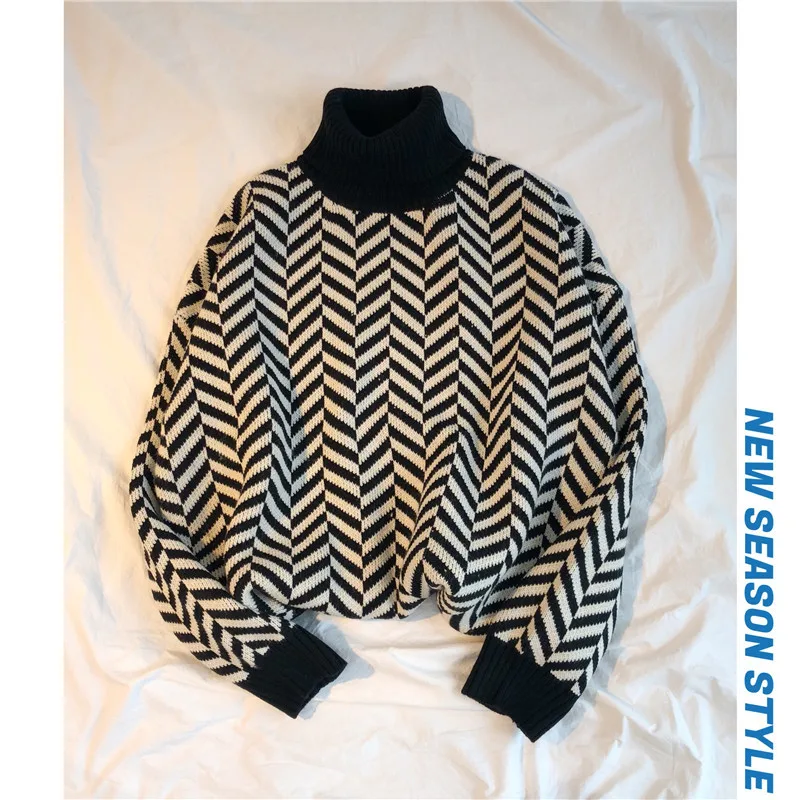 

Winter New Men Turtleneck Sweater Fashion Retro Print Slim High Quality Long-sleeved Knit Pullover Man Casual Male Clothes