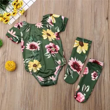 Летняя одежда для малышей Одежда для девочек,, одежда Круглый воротник с короткими рукавами в виде геометрических фигур боди с цветочным принтом с принтом гетры; комплект теплой; комплект детской одежды из 2 предметов