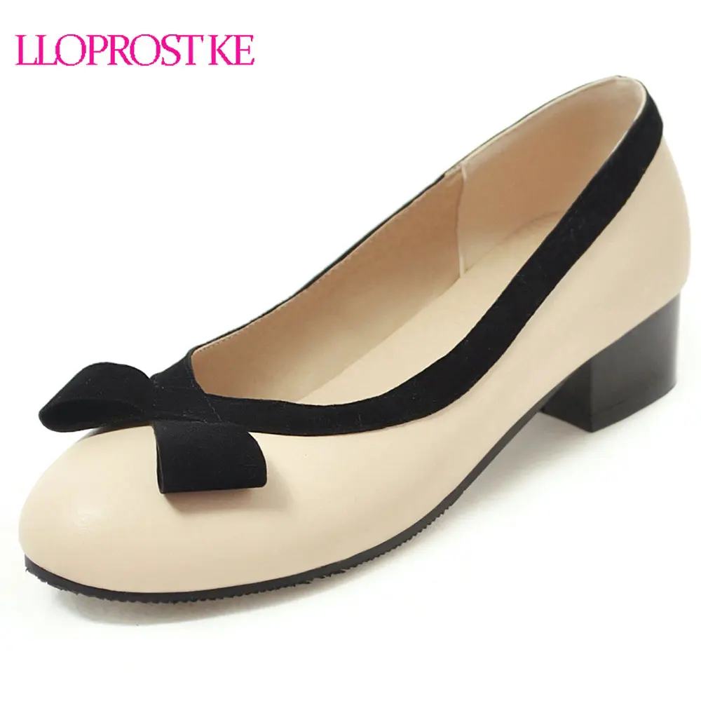 

Lloprost ke Slip On Low Heels Daily Party Ladies Shoes Plus Size 34-48 Lolita Bowtie Thick Heel Round Toe Pumps Women Shoes H99