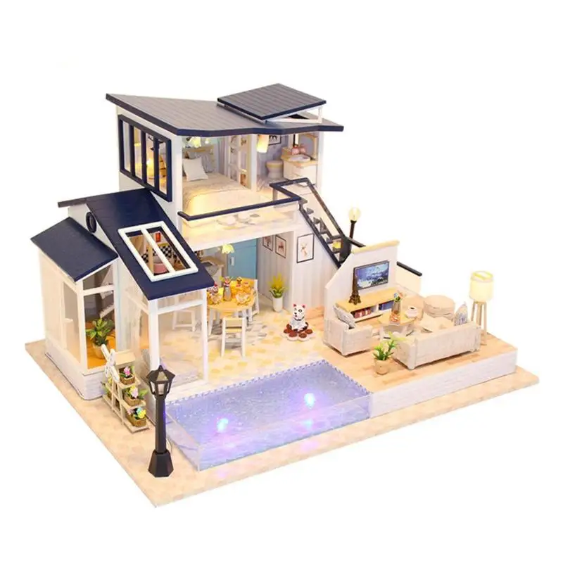 

Creative Blue Home DIY Puzzle Assemble Doll House Miniature Wood House Toys for Children Birthday Gifts