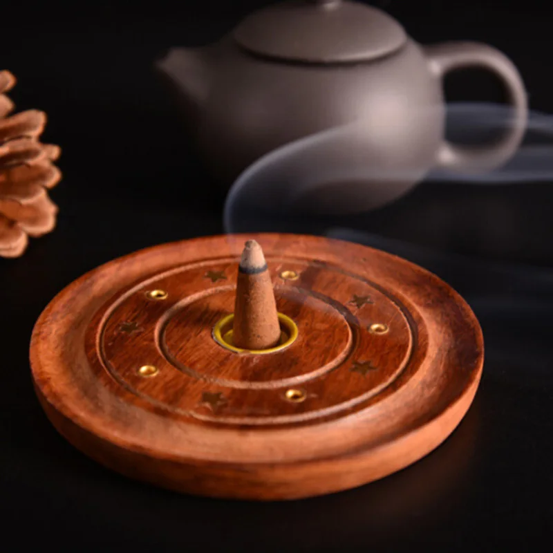 

Wooden Round Shape Incense Burner Holder Censer/Plate For Stick Cone 9.5cm Home