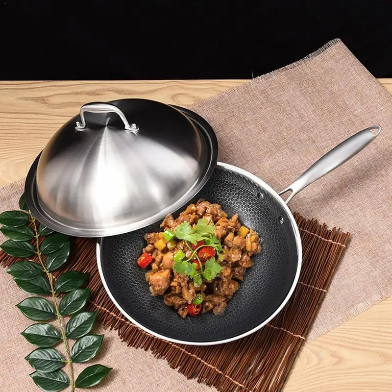 

304 Three Layer Stainless Steel Wok No Oil Smoke Flat Bottom Home Cooking Pot Gas Cooker Universal Non - Stick Pan