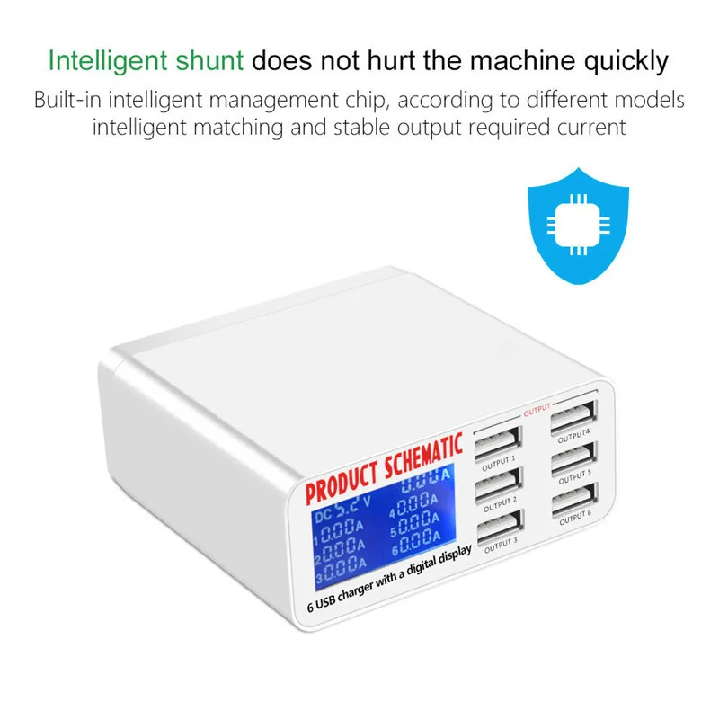 Koop Nieuwe 6A USB Lader Draagbare Multi Usb poort Snellader 6 Poort USB Socket Snelle Lader Met Lcd scherm Voor smart Mobiele Telefoon