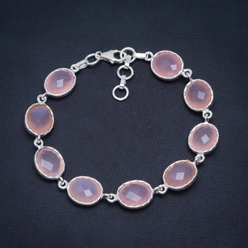 

Natural Rose Quartz Handmade Unique 925 Sterling Silver Bracelet 7.25-8" A2883