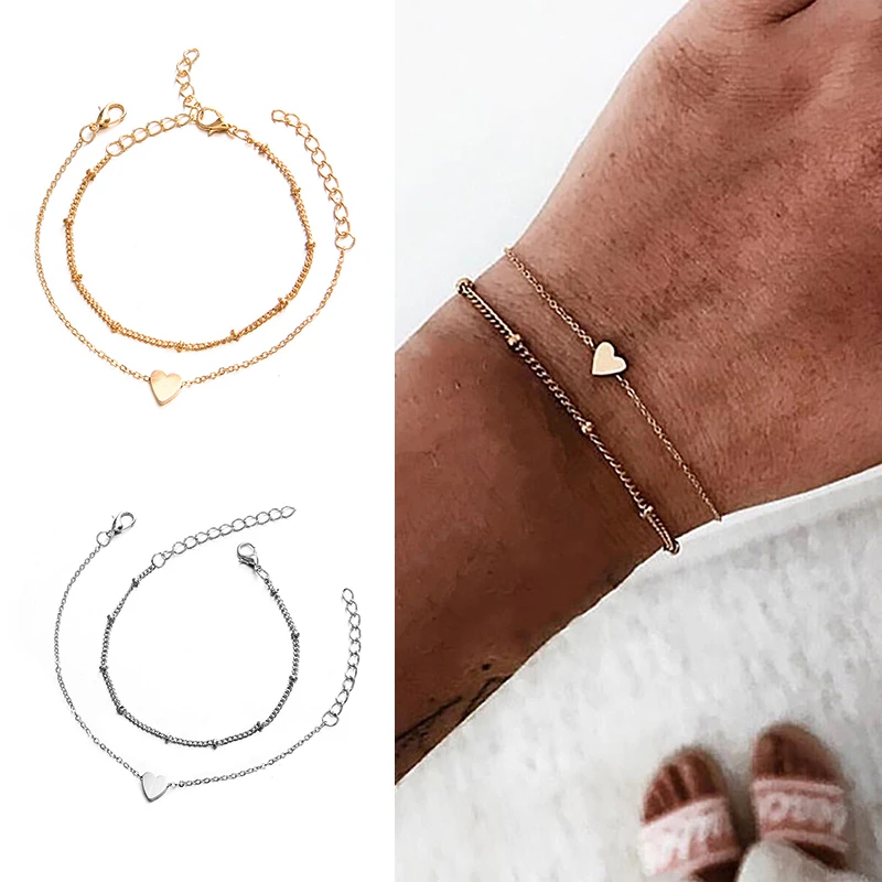 

Sale Women's Bracelet Link Chain Girls Simple Silvery Bead Adjustable Seaside Friendship Golden Heart Bangles Jewelry 2PCS/Set