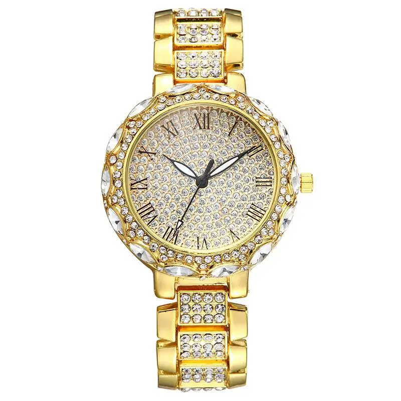 

New Arrival Gold Watch For Women Bling Diamond Crystal Stainless Steel Analog Quartz Wristwatch Roman Number Luxury Watches