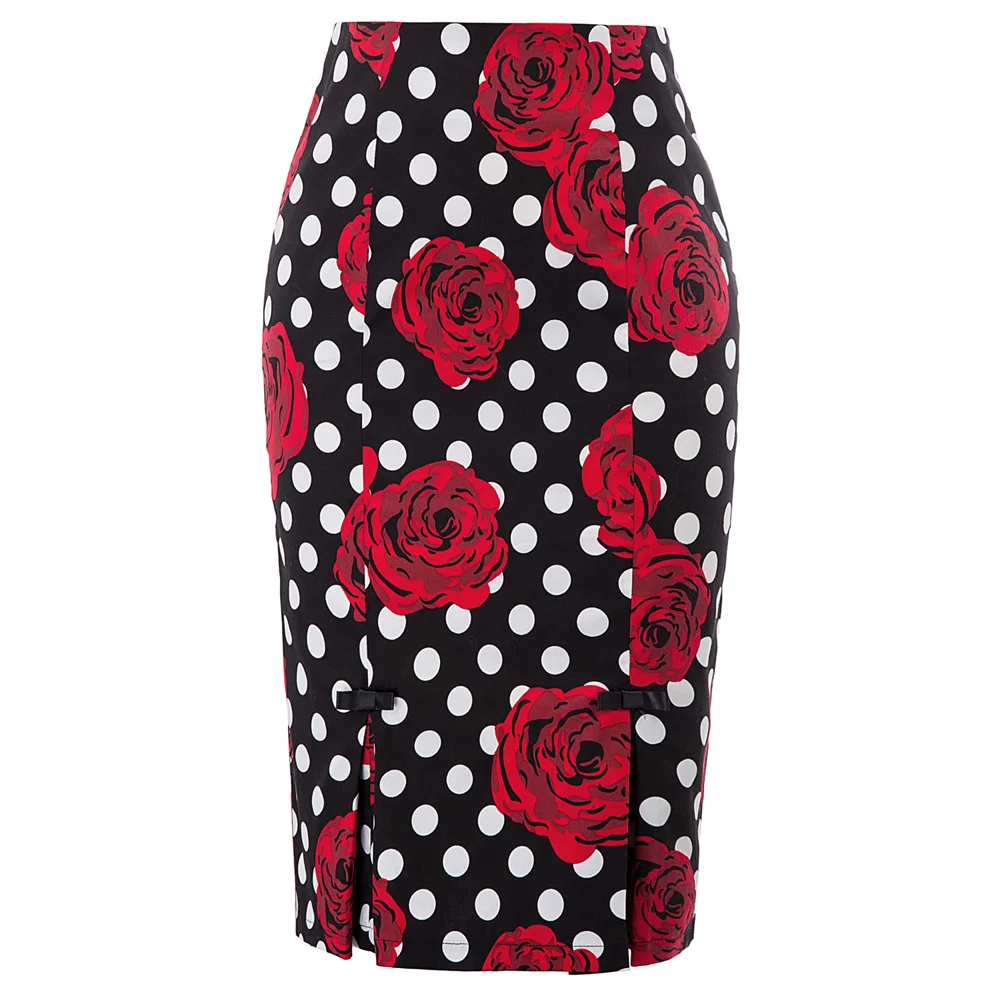 

Vintage Retro Floral Pattern Bow-knot Decor Hips-wrapped skirts womens knee length split sheath work Cotton Skirt saia feminina