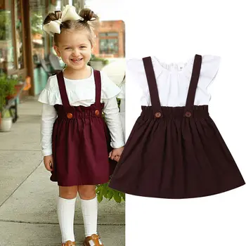 

Newest Casual Toddler Kids Baby Girl White Tops T Shirt Overall Skirt Suspender Dresses Outfit Set