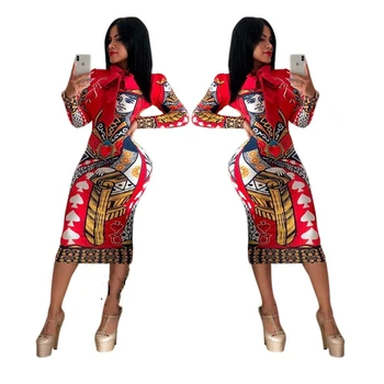 

female women new poker printed slim fit dress vogue element lady bodycon sheath skinny dresses long sleeve o neck clubwear dress