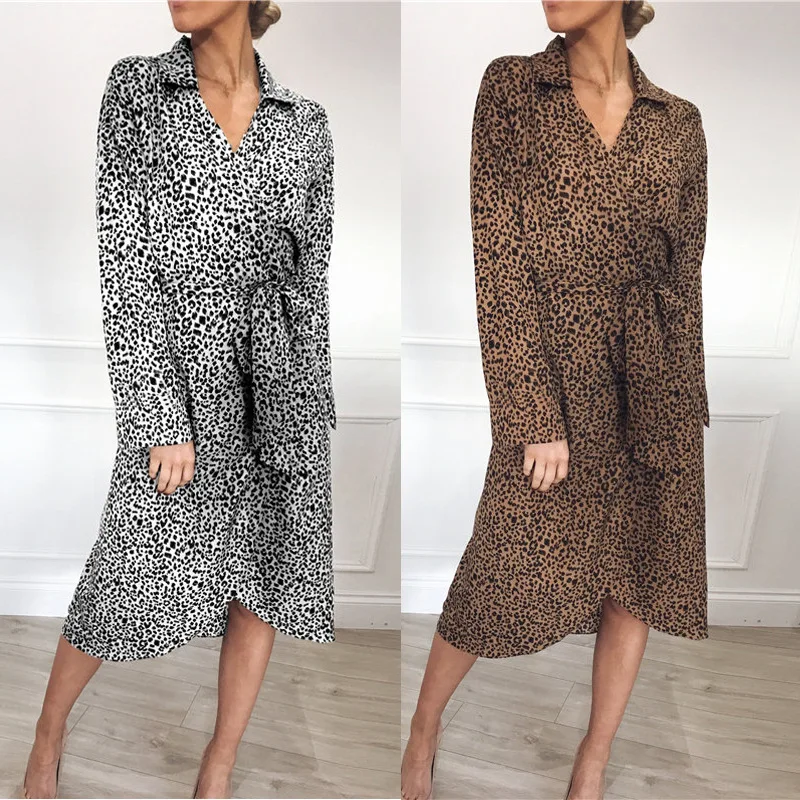 2019 Women Leopard Print Dress Spring Summer Long Sleeve Casual Midi Elegant High Waist Chiffon Chic Sexy V-Neck Party Dresses | Женская