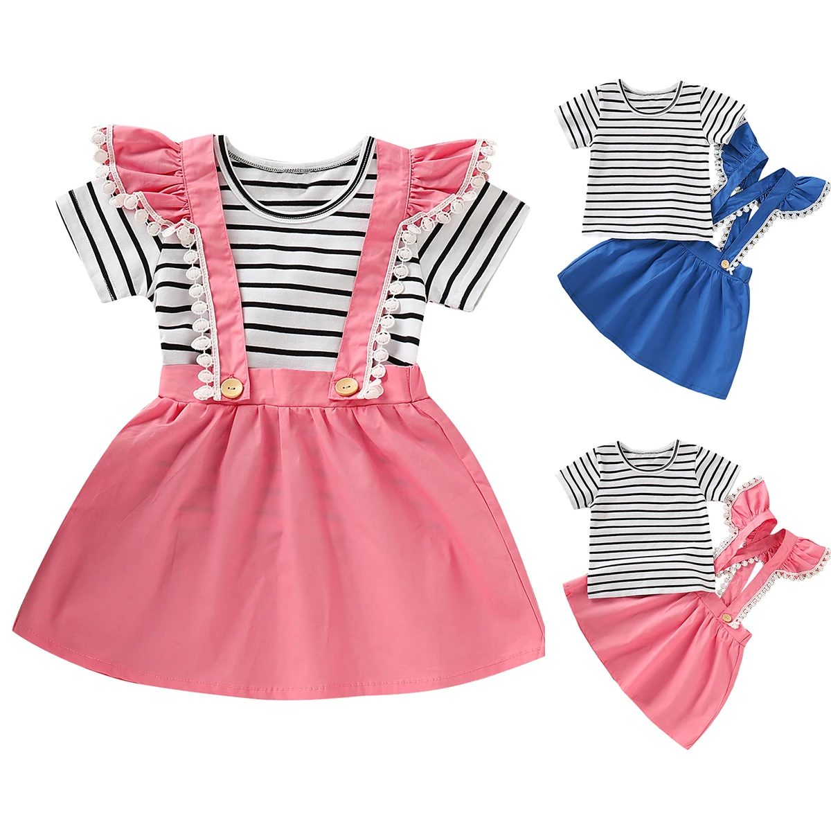 Toddler Baby Girls Clothes Ruffle Striped T Shirt Tops Skirt Dress Outfits Set