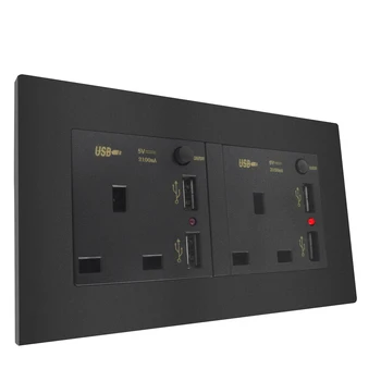 

Wall Power Socket Double UK Plug Switched Outlet With 2.1A 4 USB Charger Port LED indicator Black Color 13A 250V