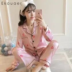Ekouaer женские шелковые атласная пижама с длинными рукавами пижамы с принтом комплект одежды для сна из двух частей пижамы наборы плюс