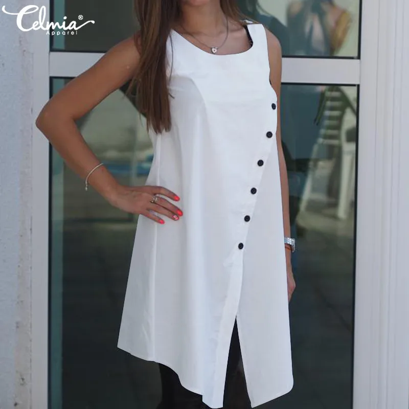 2019 Celmia خمر البلوزات النساء غير المتكافئة تونك قمم الصيف أكمام أزرار عارضة انقسام طويل قمصان زائد حجم Blusas 2019 Celmia خمر البلوزات النساء غير المتكافئة تونك قمم الصيف أكمام أزرار عارضة انقسام طويل قمصان زائد حجم Blusas