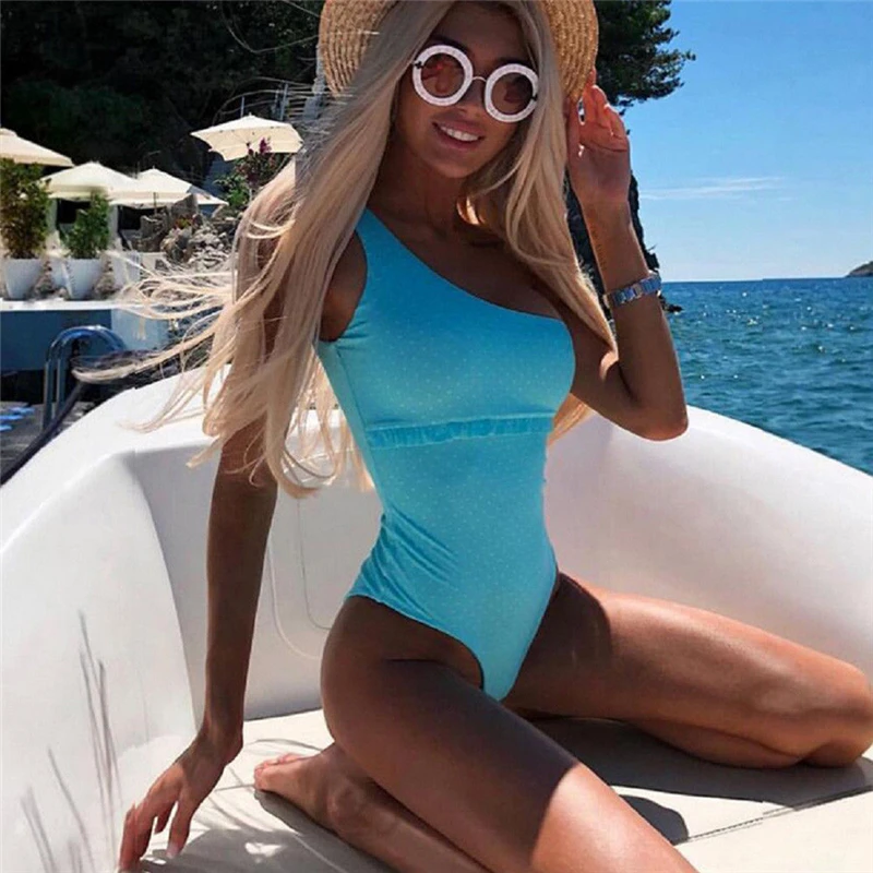 

Women's One Piece Swimwear Polka Dot One Shoulder Push up Padded Bikini Ruffle Lace Up Swimsuit Bathing Monokini Biquini
