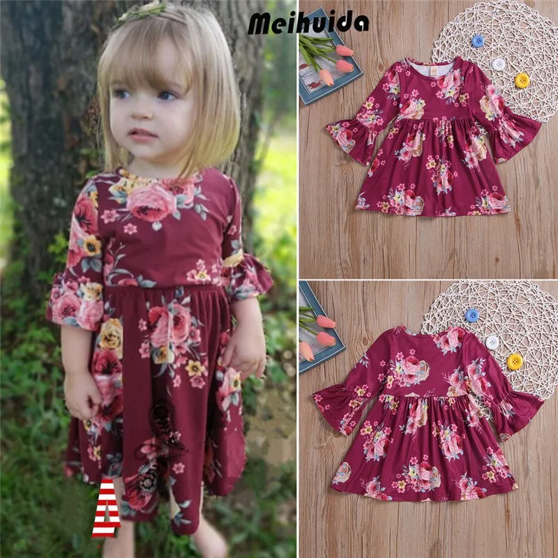 

PUDCOCO Hot Princess Kids Baby Girl Flower Party Dress Bell Long Sleeve Casual Wine Red Kids Girl Dresses