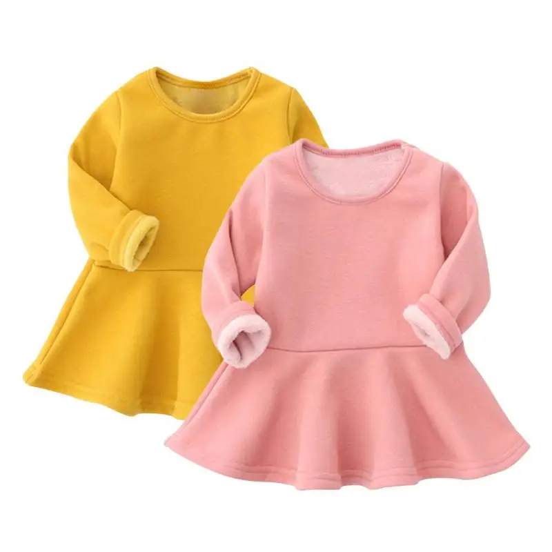 Baby Girls Round Neck Solid Long Sleeve Fleece Pleated Dress Kids Clothes