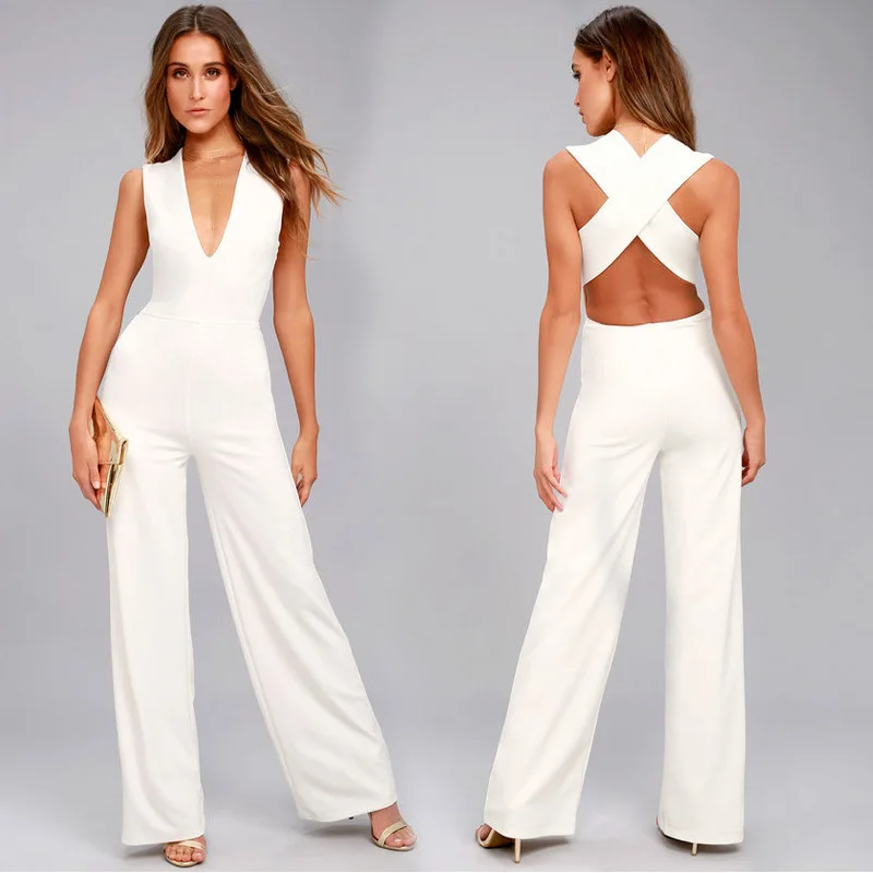 

white casual fashion woman clothes summer jumpsuit wide leg jumpsuits backless v neck body feminino rompers womens jumpsuit