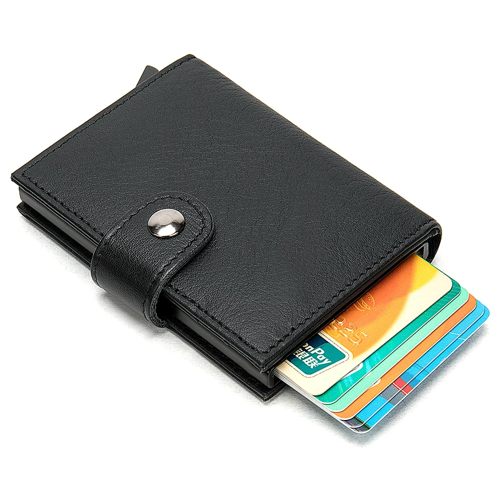 

Top Quality Men Blocking Rfid Wallet Mini Genuine Leather Business Aluminium Credit Card Holder Purse Automatic Pop Up Card Case